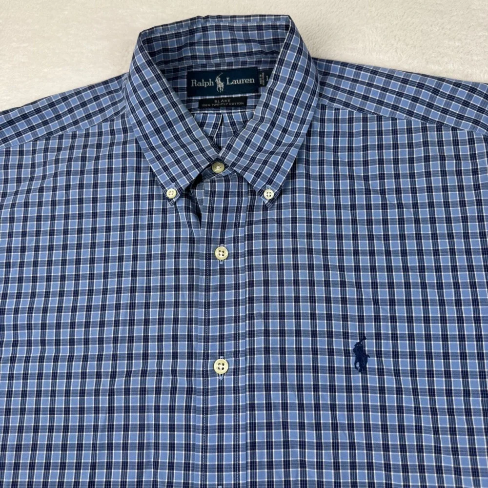 Ralph Lauren Blake Button Down Shirt Mens L Blue Check Two-Ply Cotton Long Slv